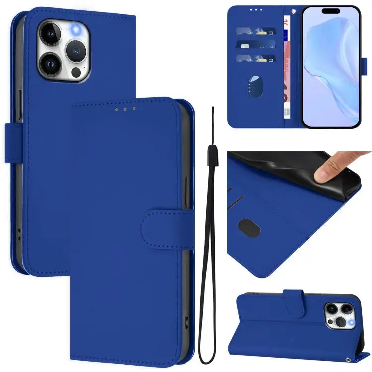 Skin Feel Solid Color Leather Phone Case with Lanyard For iPhone 14 Plus - For iPhone 15 Pro Max / Dark Blue - Apple