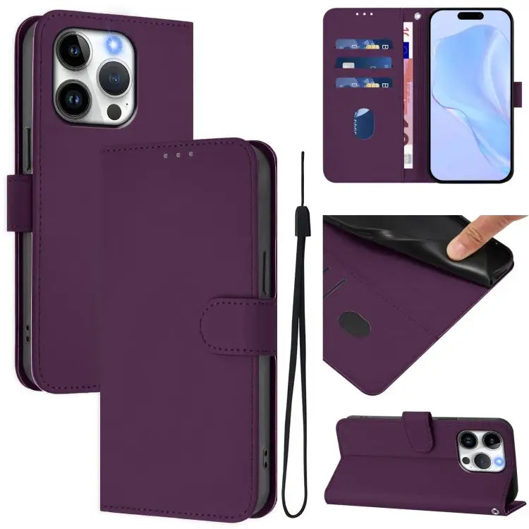 Skin Feel Solid Color Leather Phone Case with Lanyard For iPhone 14 / 13 - For iPhone 15 Pro / Violet - Apple