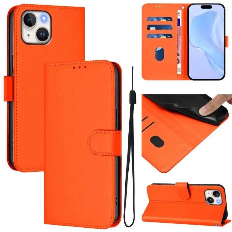 Skin Feel Solid Color Leather Phone Case with Lanyard For iPhone 14 Pro Max - For iPhone 15 / Orange - Apple Accessories