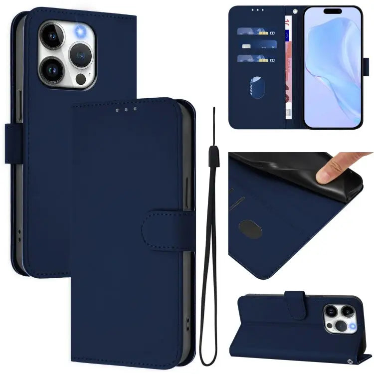 Skin Feel Solid Color Leather Phone Case with Lanyard For iPhone 14 / 13 - For iPhone 15 Pro / Navy Blue - Apple
