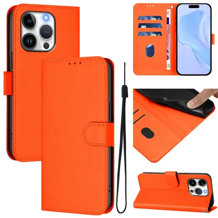 Skin Feel Solid Color Leather Phone Case with Lanyard For iPhone 14 / 13 - For iPhone 15 Pro / Orange - Apple