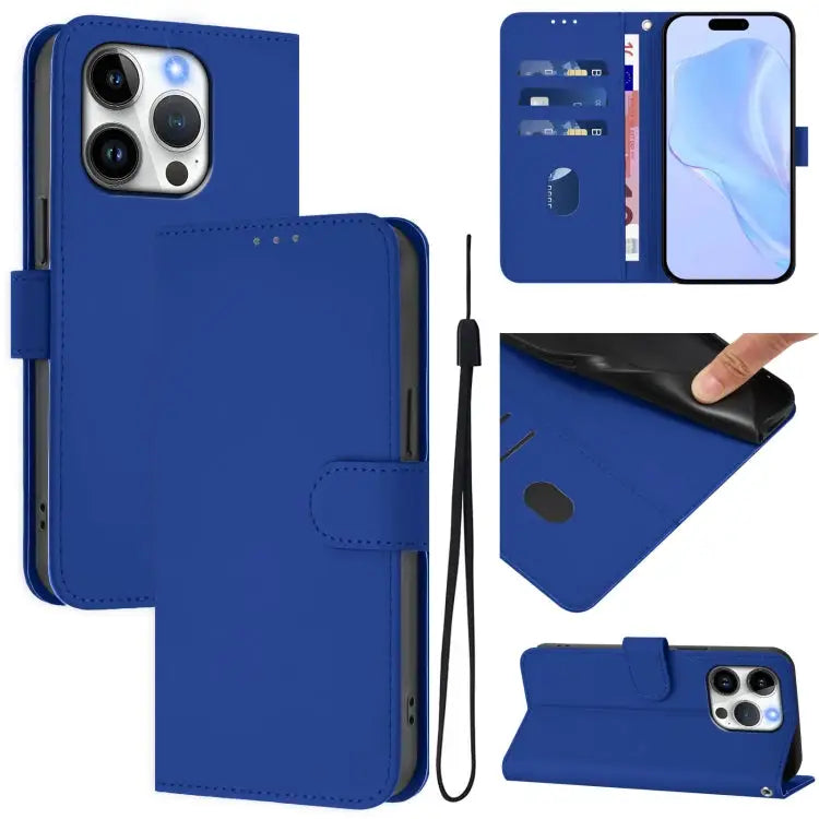 Skin Feel Solid Color Leather Phone Case with Lanyard For iPhone 14 / 13 - For iPhone 15 Pro / Dark Blue - Apple
