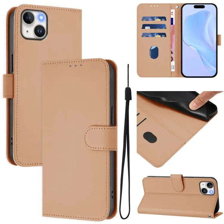 Skin Feel Solid Color Leather Phone Case with Lanyard For iPhone 14 Pro - For iPhone 15 Plus / Nude - Apple Accessories