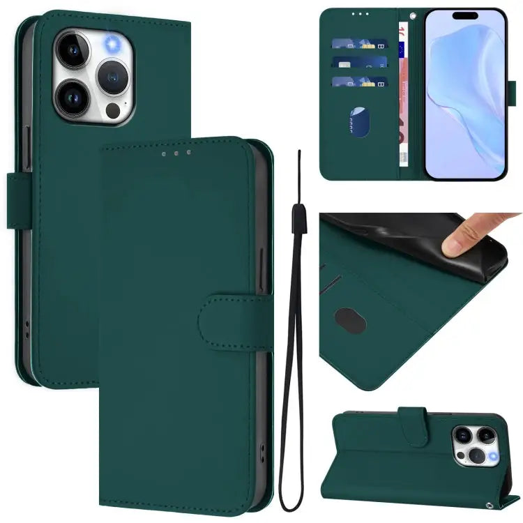 Skin Feel Solid Color Leather Phone Case with Lanyard For iPhone 14 / 13 - For iPhone 15 Pro / Dark Green - Apple