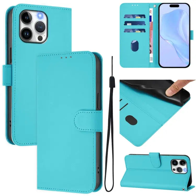 Skin Feel Solid Color Leather Phone Case with Lanyard For iPhone 14 Plus - For iPhone 15 Pro Max / Lake Blue - Apple