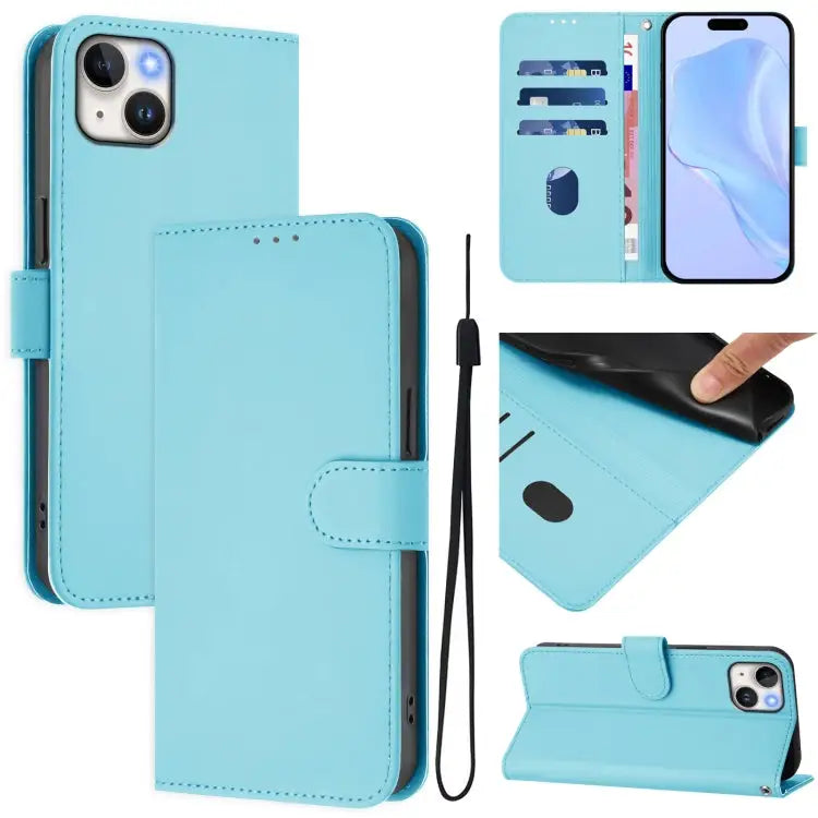 Skin Feel Solid Color Leather Phone Case with Lanyard For iPhone 14 Pro - For iPhone 15 Plus / Sky Blue - Apple