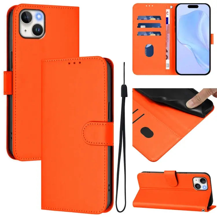 Skin Feel Solid Color Leather Phone Case with Lanyard For iPhone 14 Pro - For iPhone 15 Plus / Orange - Apple