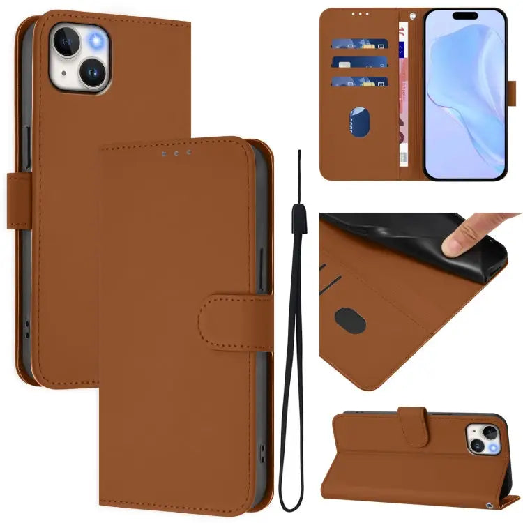 Skin Feel Solid Color Leather Phone Case with Lanyard For iPhone 14 Pro - For iPhone 15 Plus / Brown - Apple Accessories