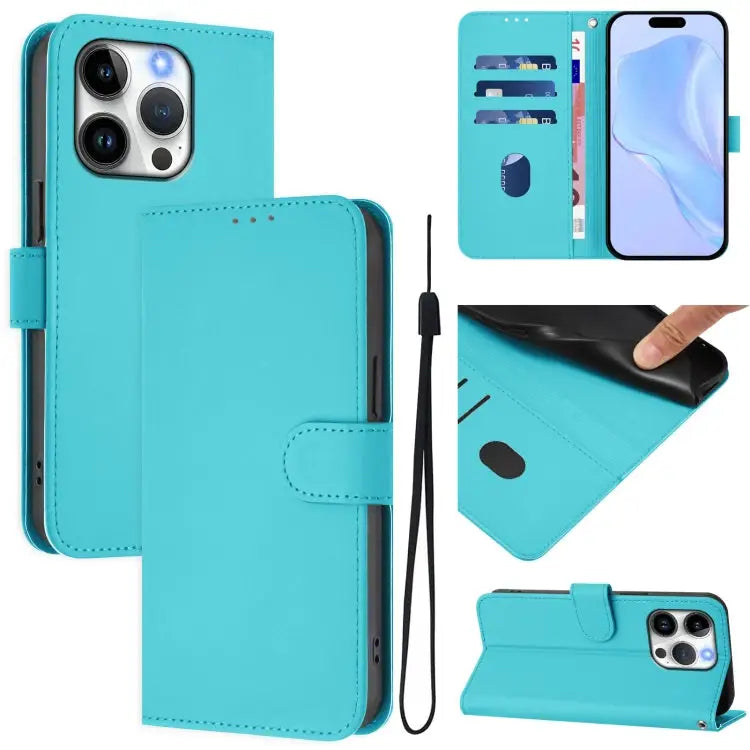 Skin Feel Solid Color Leather Phone Case with Lanyard For iPhone 14 / 13 - For iPhone 15 Pro / Lake Blue - Apple