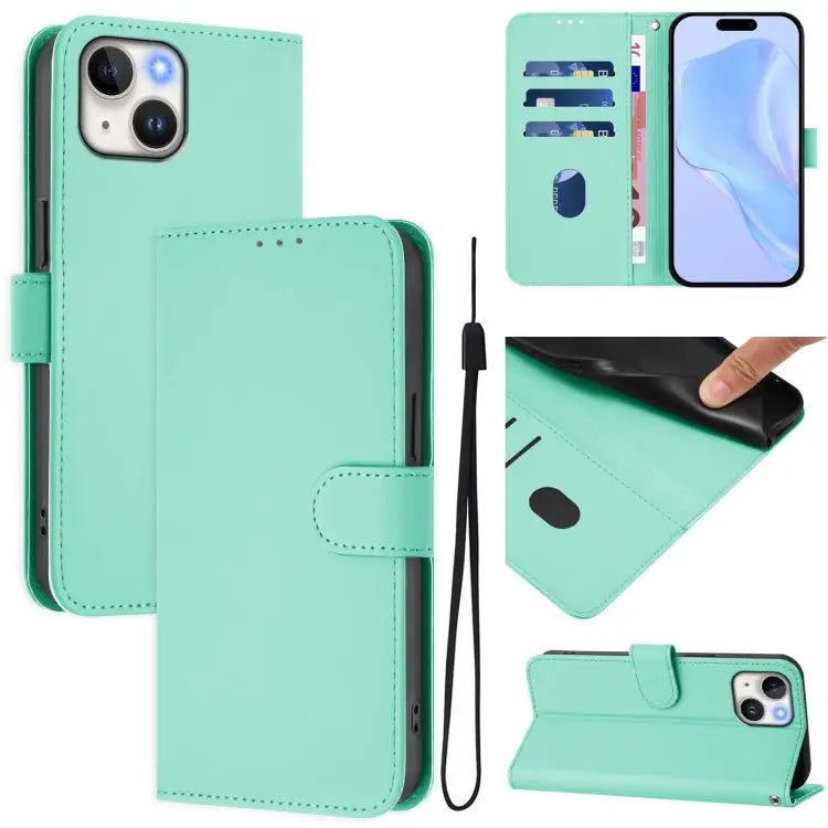 Skin Feel Solid Color Leather Phone Case with Lanyard For iPhone 14 Pro Max - For iPhone 15 / Mint Green - Apple