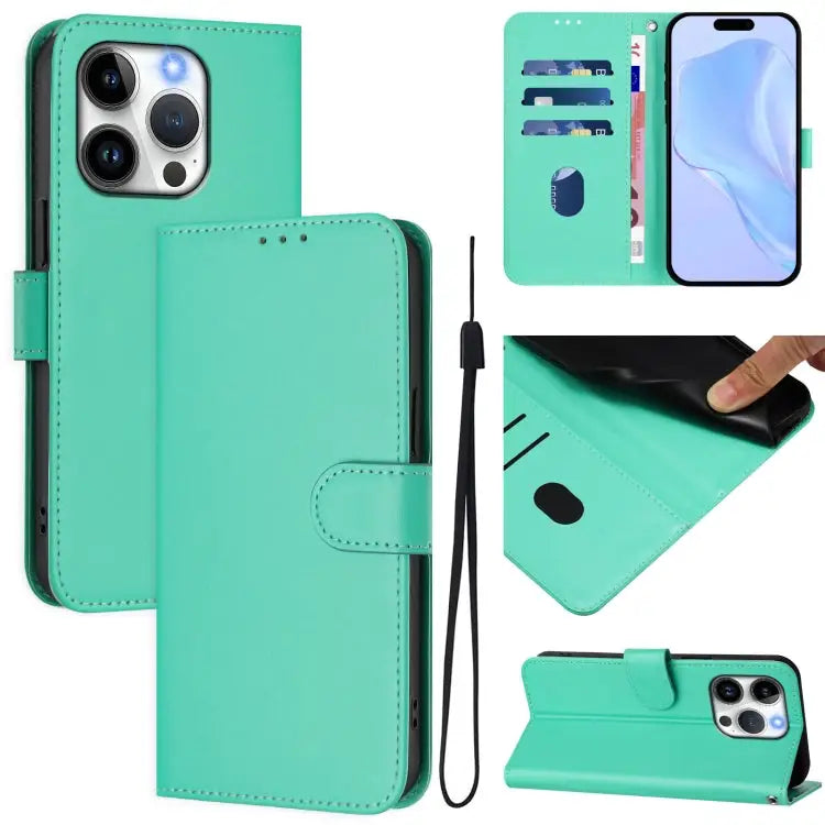 Skin Feel Solid Color Leather Phone Case with Lanyard For iPhone 14 / 13 - For iPhone 15 Pro / Green - Apple Accessories