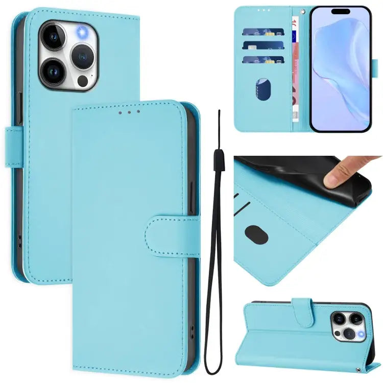 Skin Feel Solid Color Leather Phone Case with Lanyard For iPhone 14 / 13 - For iPhone 15 Pro / Sky Blue - Apple