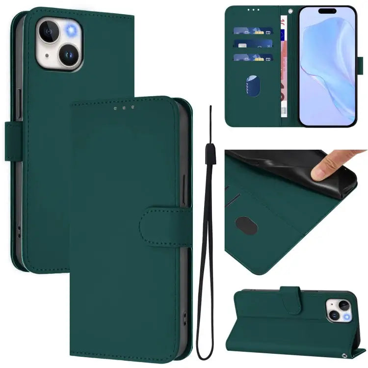 Skin Feel Solid Color Leather Phone Case with Lanyard For iPhone 14 Pro Max - For iPhone 15 / Dark Green - Apple