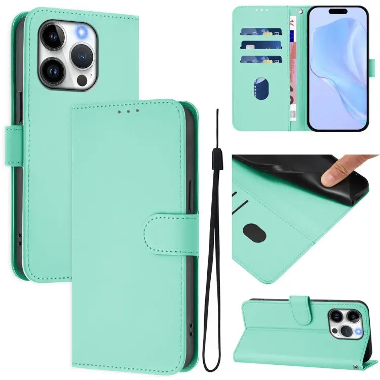 Skin Feel Solid Color Leather Phone Case with Lanyard For iPhone 14 / 13 - For iPhone 15 Pro / Mint Green - Apple