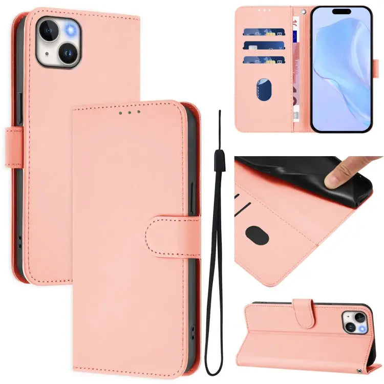 Skin Feel Solid Color Leather Phone Case with Lanyard For iPhone 14 Pro - For iPhone 15 Plus / Pink - Apple Accessories