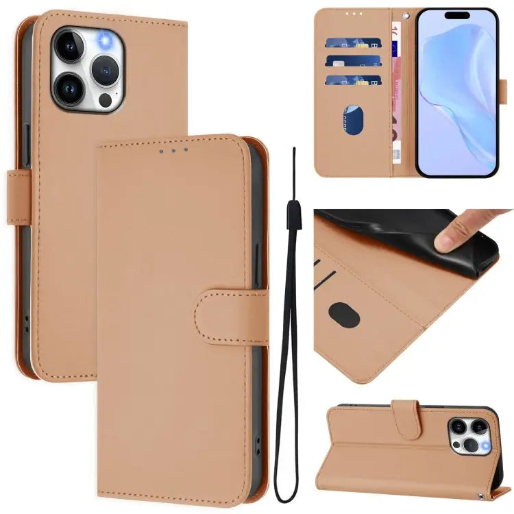 Skin Feel Solid Color Leather Phone Case with Lanyard For iPhone 14 Plus - For iPhone 15 Pro Max / Nude - Apple