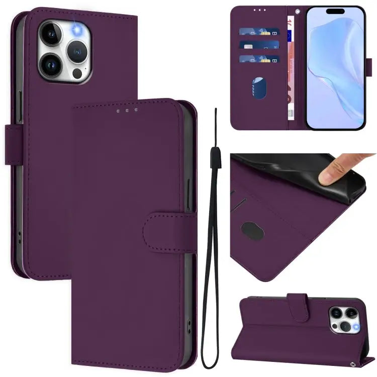 Skin Feel Solid Color Leather Phone Case with Lanyard For iPhone 14 Plus - For iPhone 15 Pro Max / Violet - Apple