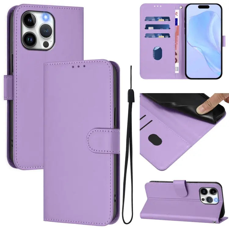 Skin Feel Solid Color Leather Phone Case with Lanyard For iPhone 14 Plus - For iPhone 15 Pro Max / Lavender Purple