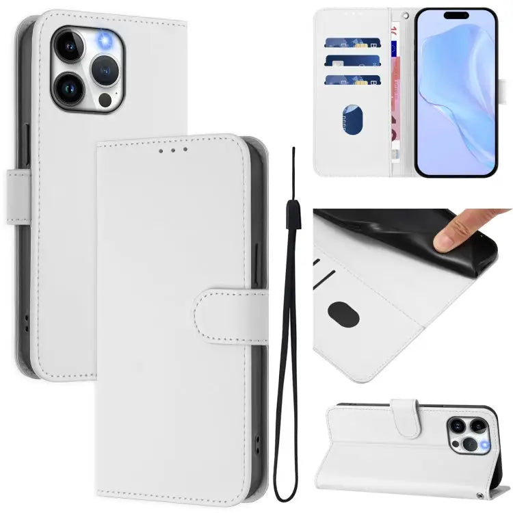 Skin Feel Solid Color Leather Phone Case with Lanyard For iPhone 14 Plus - For iPhone 15 Pro Max / White - Apple