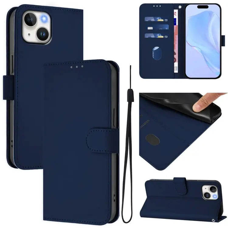 Skin Feel Solid Color Leather Phone Case with Lanyard For iPhone 14 Pro Max - For iPhone 15 / Navy Blue - Apple