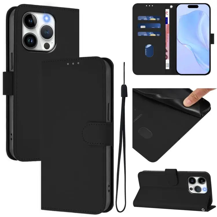 Skin Feel Solid Color Leather Phone Case with Lanyard For iPhone 14 / 13 - For iPhone 15 Pro / Black - Apple Accessories
