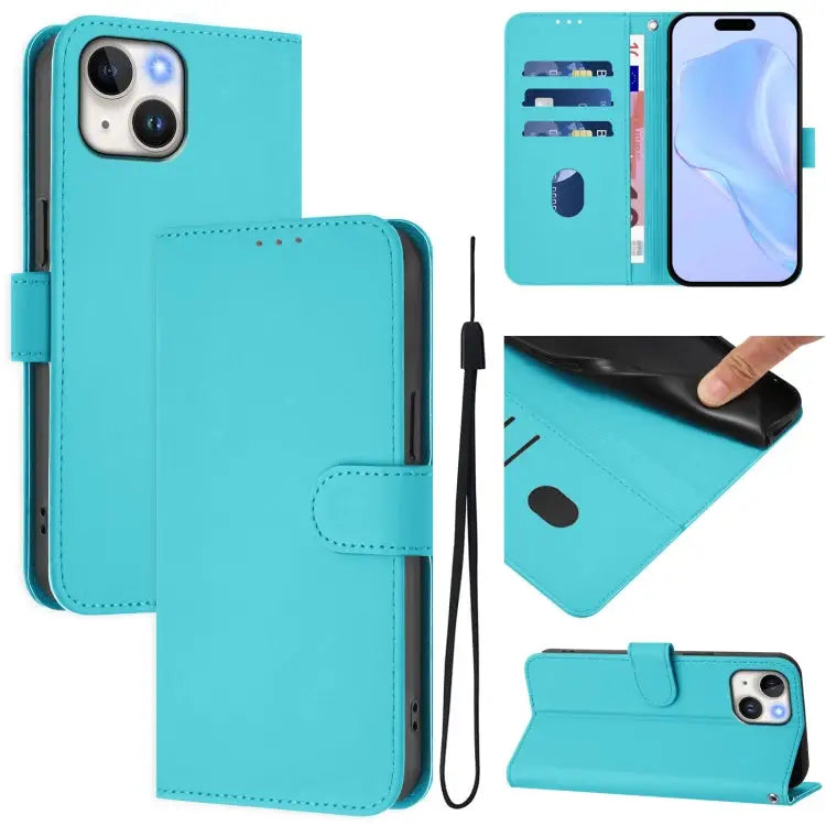 Skin Feel Solid Color Leather Phone Case with Lanyard For iPhone 14 Pro Max - For iPhone 15 / Lake Blue - Apple