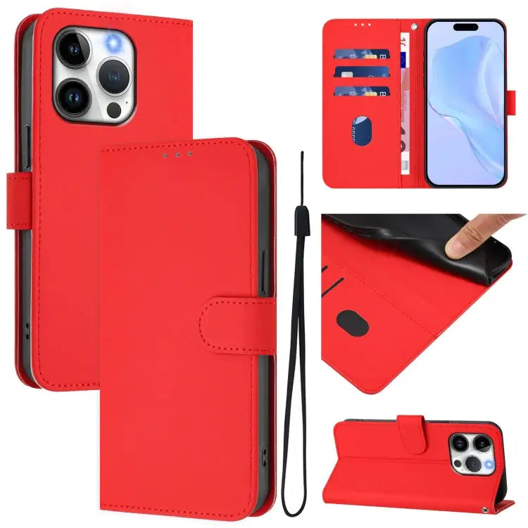 Skin Feel Solid Color Leather Phone Case with Lanyard For iPhone 14 / 13 - For iPhone 15 Pro / Red - Apple Accessories