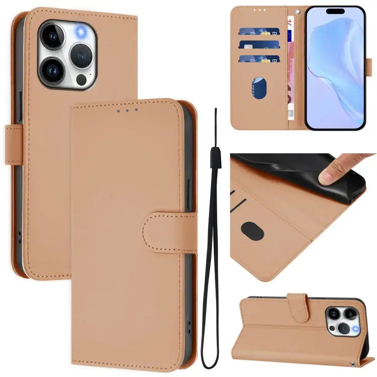 Skin Feel Solid Color Leather Phone Case with Lanyard For iPhone 14 / 13 - For iPhone 15 Pro / Nude - Apple Accessories