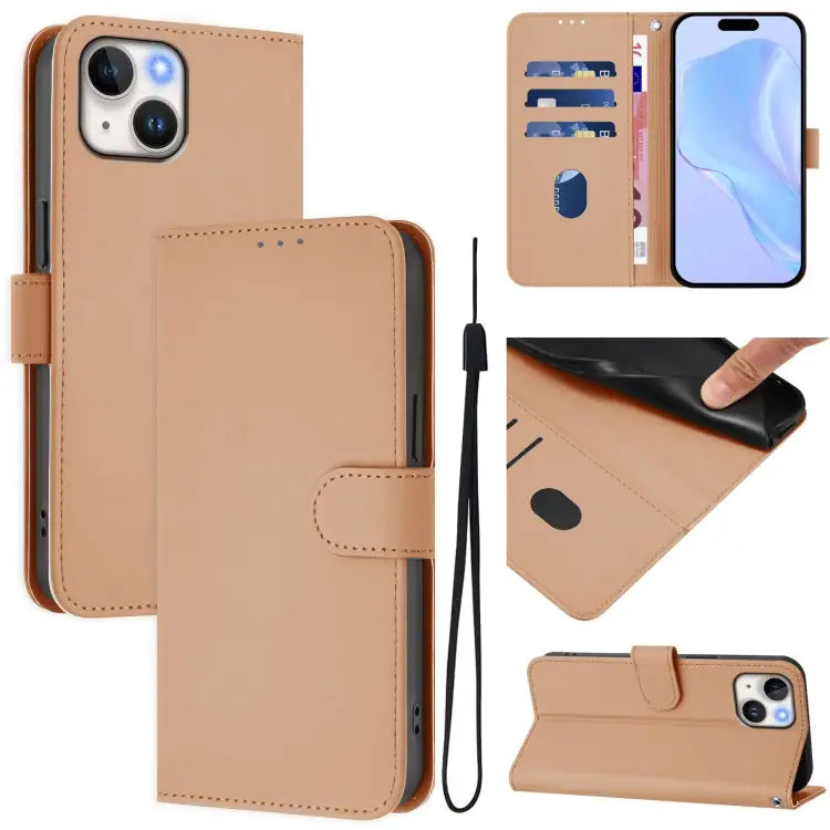 Skin Feel Solid Color Leather Phone Case with Lanyard For iPhone 14 Pro Max - For iPhone 15 / Nude - Apple Accessories