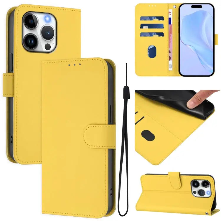 Skin Feel Solid Color Leather Phone Case with Lanyard For iPhone 14 / 13 - For iPhone 15 Pro / Lemon Yellow - Apple