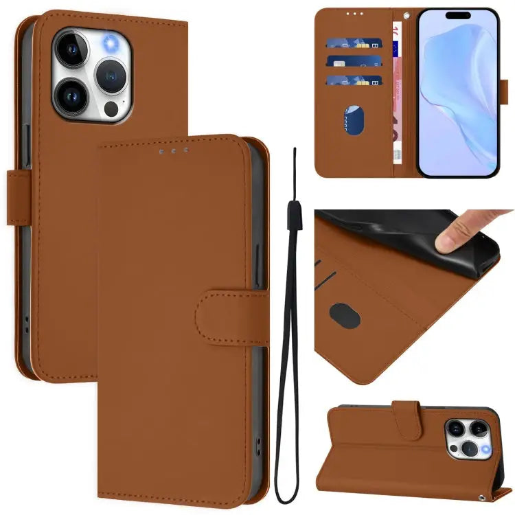 Skin Feel Solid Color Leather Phone Case with Lanyard For iPhone 14 / 13 - For iPhone 15 Pro / Brown - Apple Accessories