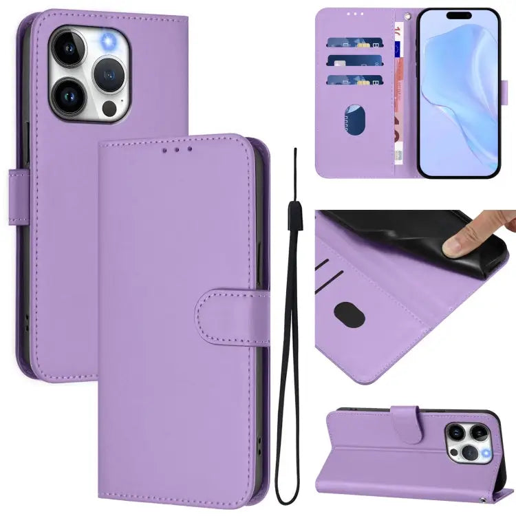 Skin Feel Solid Color Leather Phone Case with Lanyard For iPhone 14 / 13 - For iPhone 15 Pro / Lavender Purple - Apple