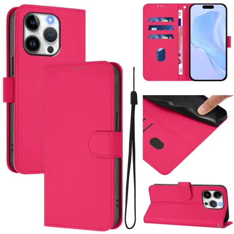 Skin Feel Solid Color Leather Phone Case with Lanyard For iPhone 14 / 13 - For iPhone 15 Pro / Rose Red - Apple