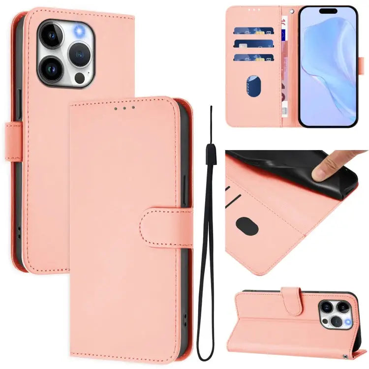 Skin Feel Solid Color Leather Phone Case with Lanyard For iPhone 14 / 13 - For iPhone 15 Pro / Pink - Apple Accessories