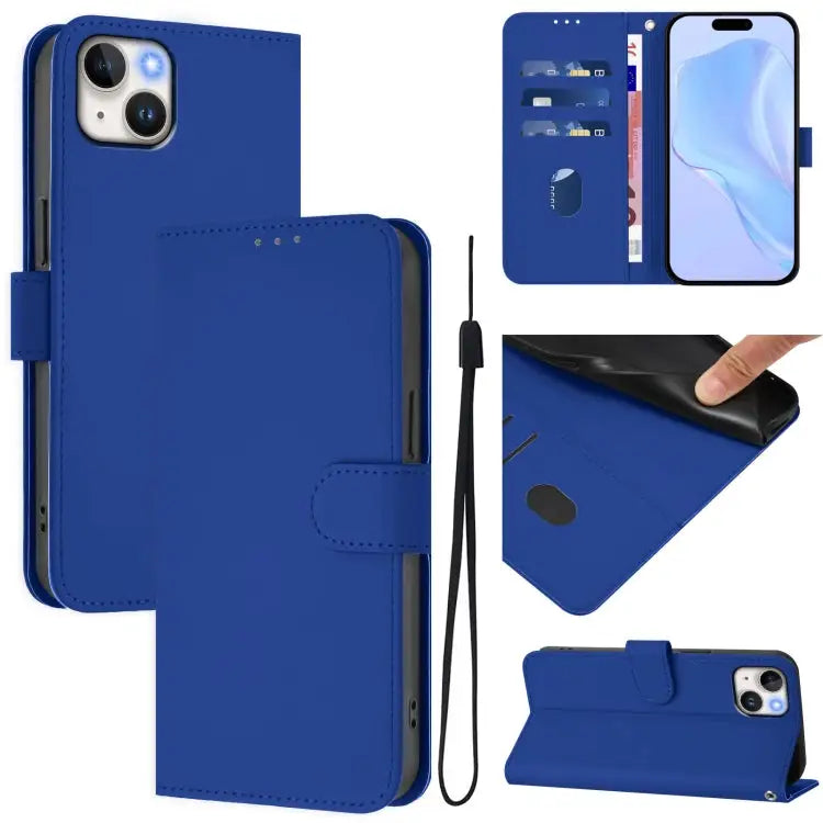 Skin Feel Solid Color Leather Phone Case with Lanyard For iPhone 14 Pro - For iPhone 15 Plus / Dark Blue - Apple