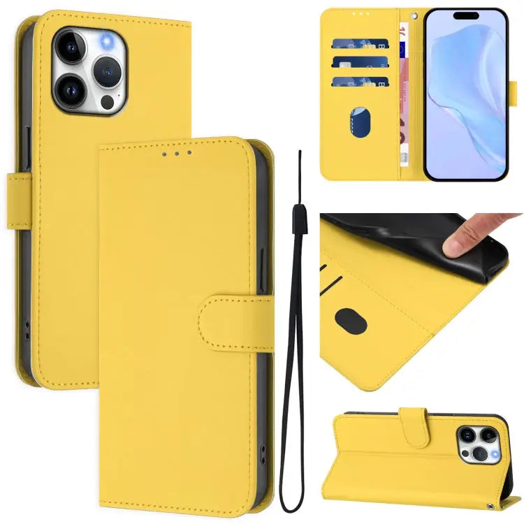 Skin Feel Solid Color Leather Phone Case with Lanyard For iPhone 15 Pro Max - For iPhone 16 Pro Max / Lemon Yellow