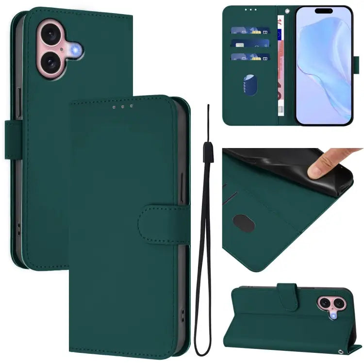 Skin Feel Solid Color Leather Phone Case with Lanyard For iPhone 15 - For iPhone 16 / Dark Green - Apple Accessories