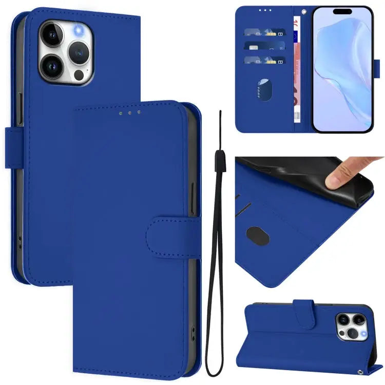 Skin Feel Solid Color Leather Phone Case with Lanyard For iPhone 15 Pro Max - For iPhone 16 Pro Max / Dark Blue - Apple