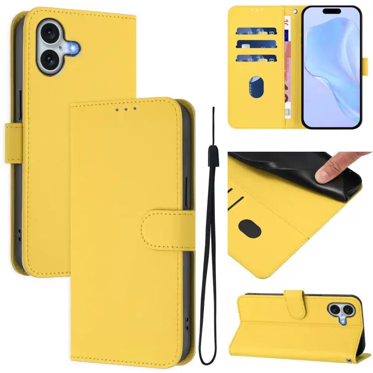 Skin Feel Solid Color Leather Phone Case with Lanyard For iPhone 15 Plus - For iPhone 16 Plus / Lemon Yellow - Apple