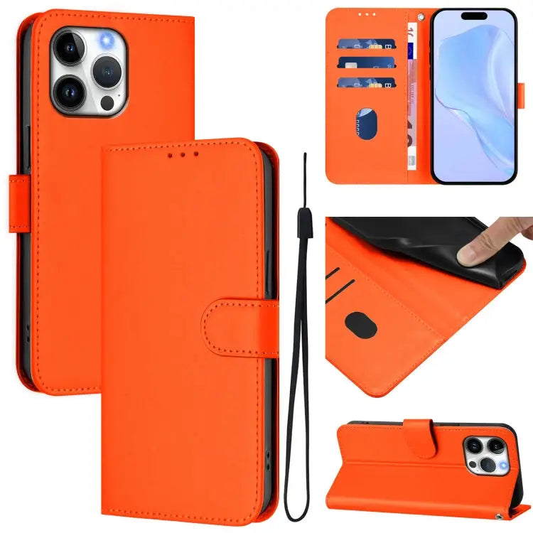 Skin Feel Solid Color Leather Phone Case with Lanyard For iPhone 15 Pro Max - For iPhone 16 Pro Max / Orange - Apple