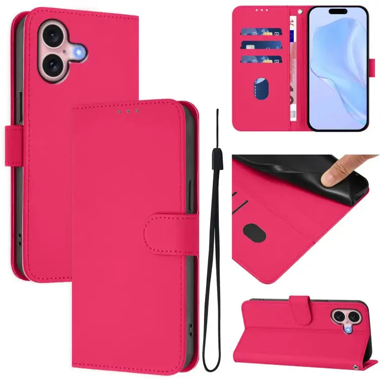 Skin Feel Solid Color Leather Phone Case with Lanyard For iPhone 15 - For iPhone 16 / Rose Red - Apple Accessories
