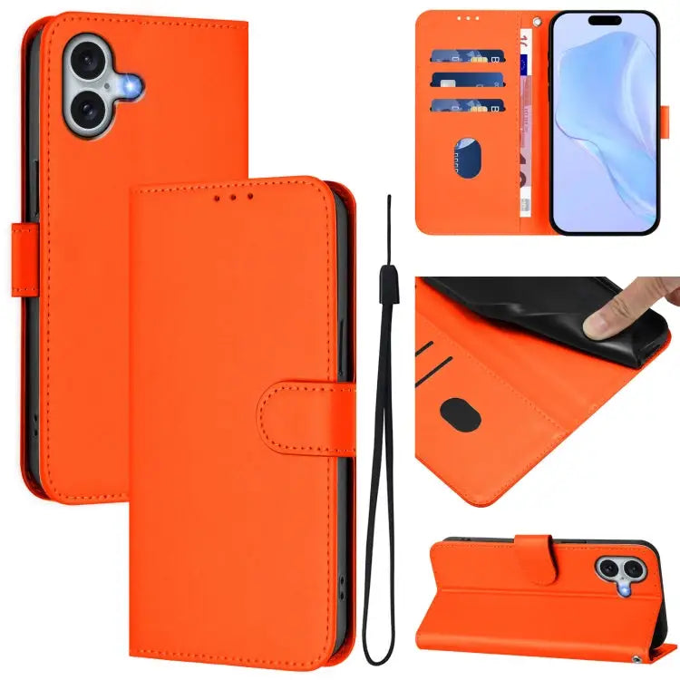 Skin Feel Solid Color Leather Phone Case with Lanyard For iPhone 15 Plus - For iPhone 16 Plus / Orange - Apple