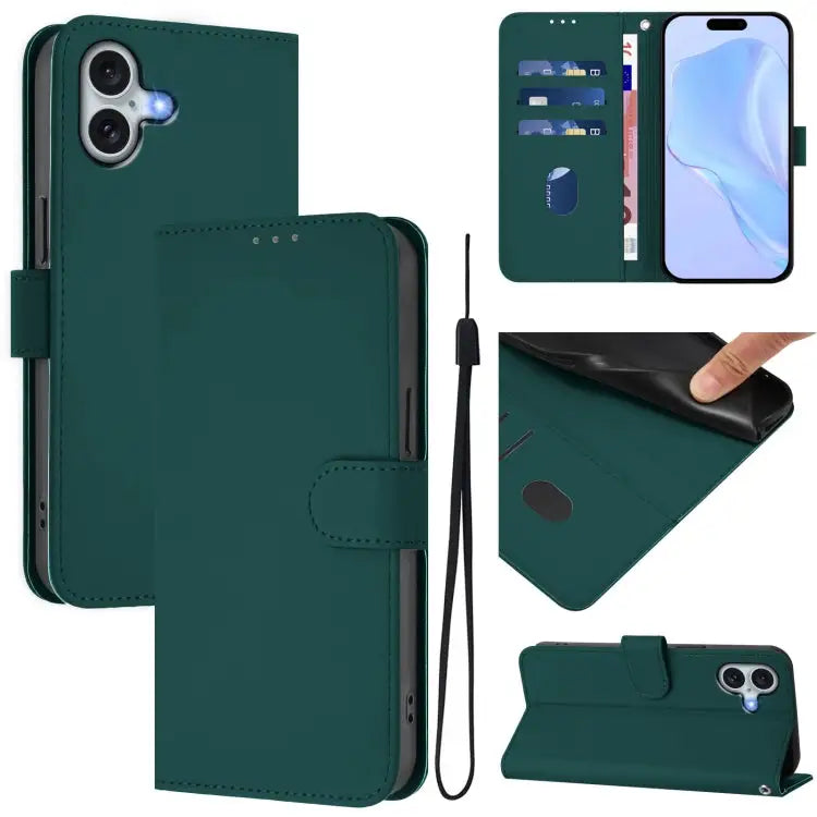 Skin Feel Solid Color Leather Phone Case with Lanyard For iPhone 15 Plus - For iPhone 16 Plus / Dark Green - Apple