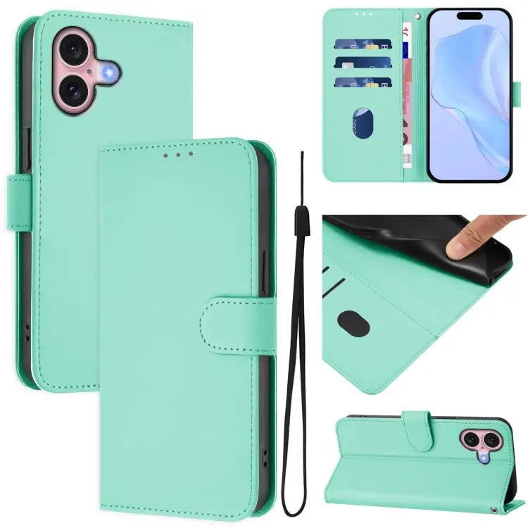 Skin Feel Solid Color Leather Phone Case with Lanyard For iPhone 15 - For iPhone 16 / Mint Green - Apple Accessories