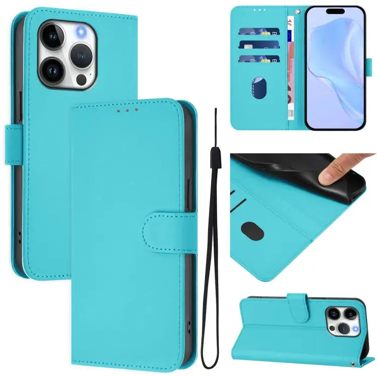 Skin Feel Solid Color Leather Phone Case with Lanyard For iPhone 15 Pro - For iPhone 16 Pro / Lake Blue - Apple