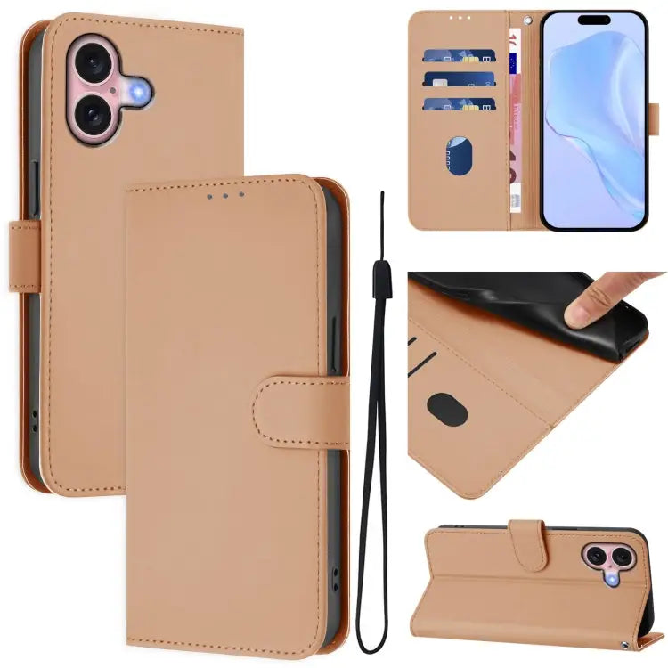 Skin Feel Solid Color Leather Phone Case with Lanyard For iPhone 15 - For iPhone 16 / Nude - Apple Accessories