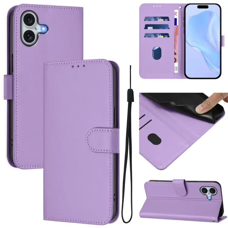 Skin Feel Solid Color Leather Phone Case with Lanyard For iPhone 15 Plus - For iPhone 16 Plus / Lavender Purple - Apple