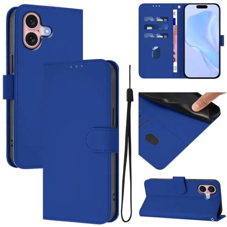 Skin Feel Solid Color Leather Phone Case with Lanyard For iPhone 15 - For iPhone 16 / Dark Blue - Apple Accessories