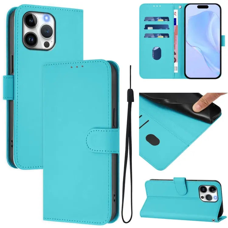 Skin Feel Solid Color Leather Phone Case with Lanyard For iPhone 15 Pro Max - For iPhone 16 Pro Max / Lake Blue - Apple