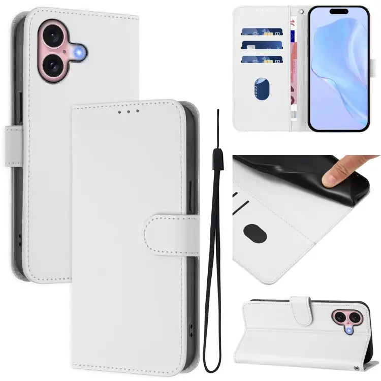Skin Feel Solid Color Leather Phone Case with Lanyard For iPhone 15 - For iPhone 16 / White - Apple Accessories